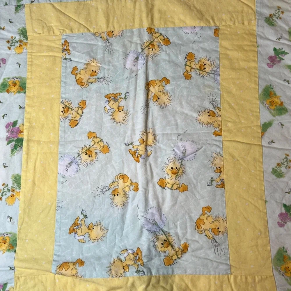 Vintage Suzy Stafford Baby Duckling Dandelion Baby Quilt Soft Blanket Border